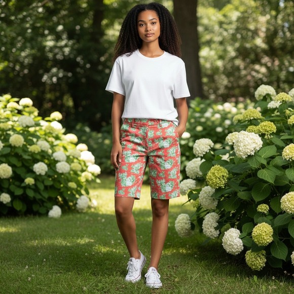Tommy Hilfiger Pants - Tommy Hilfiger Shorts 12 Coral Green Toile Landscape Pique Preppy Excellent